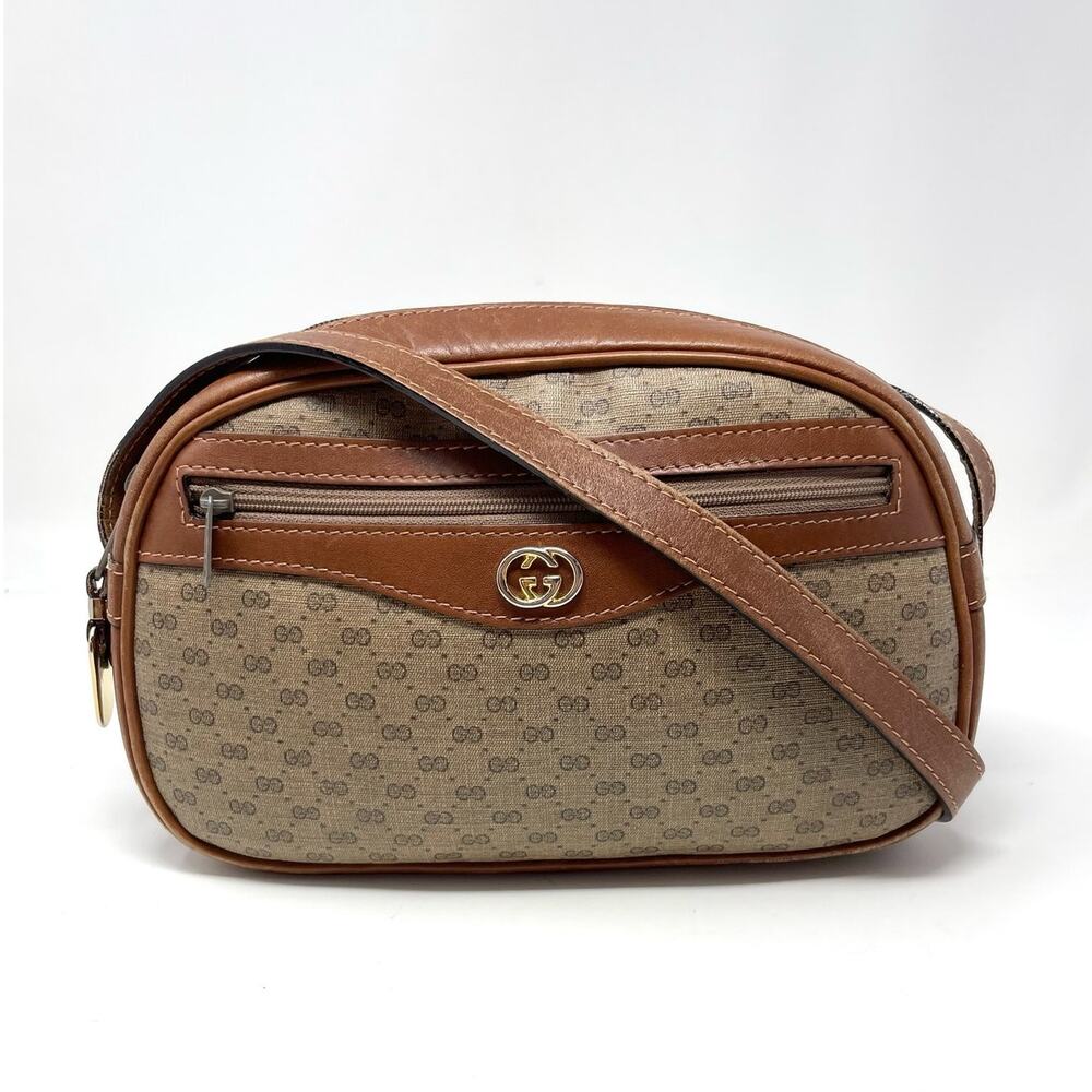 Gucci Vintage GG Monogram Shoulder Bag Crossbody Camera Leather PVC Brown Beige